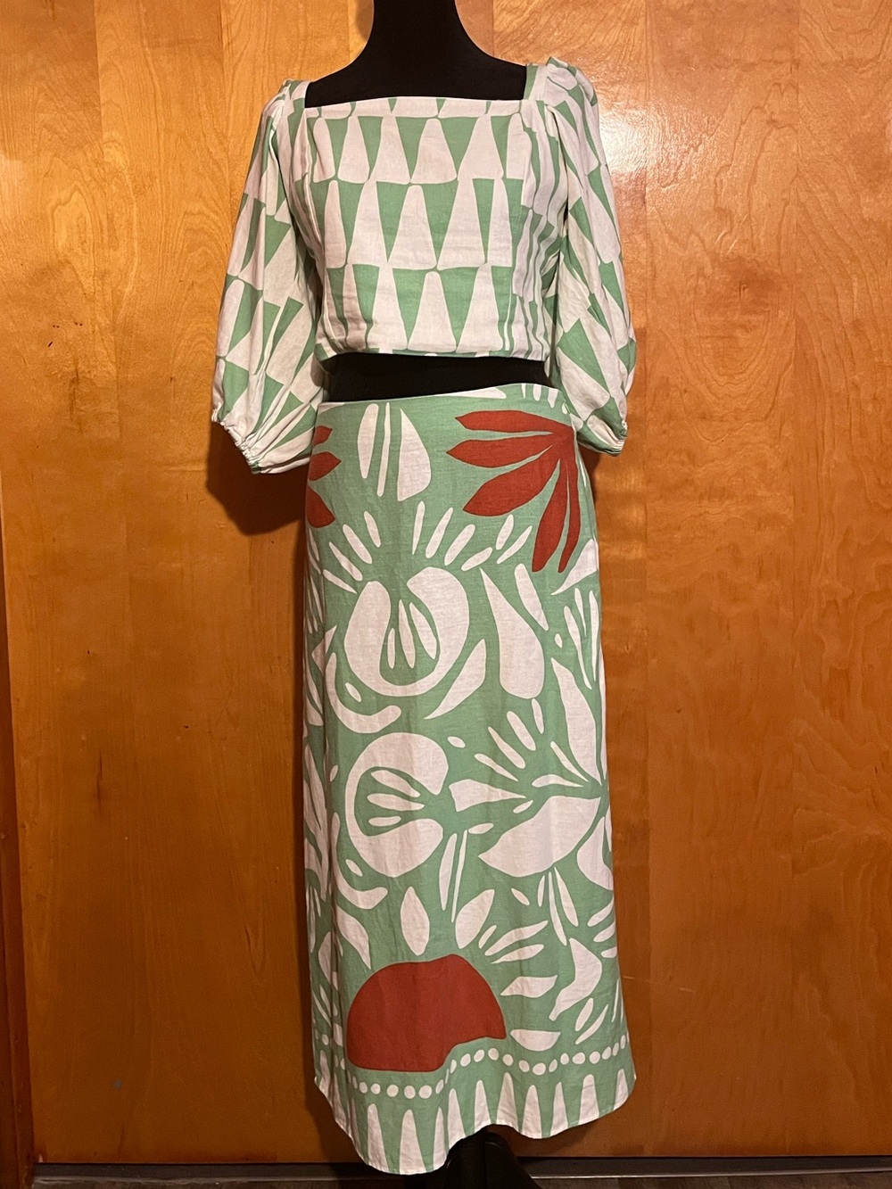 Maison D’Amelie Small Mint Green & Rust Floral Two-Piece Maxi Skirt Set